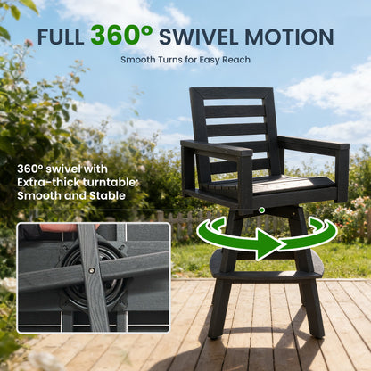 Outdoor Swivel Bar Stools, Carbon HDPE High-Density Polyethylene Patio Bar Chair with 360° Swivel & Ladderback, All-Weather Bar Height Stool for Deck, Porch, Poolside, Hot-Embossed Wood Grain image 3