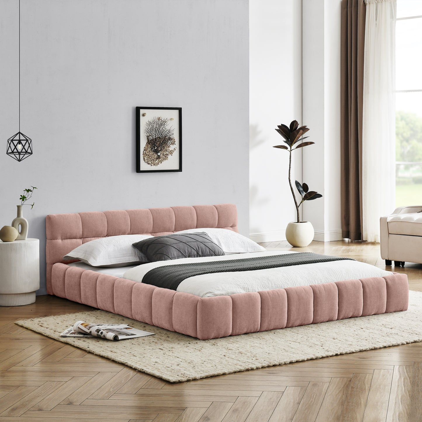 Queen Size Upholstered Bed Frame with Thick Fabric, Chenille Fabric Grounded Queen Size Platform Bed with Headboard and Solid Frame. No Box Spring Needed, PINK(68''*86.5''*23.5'') image 2