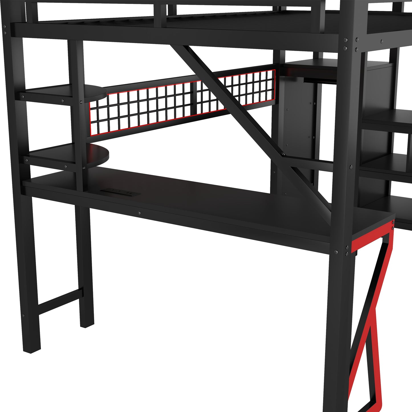Full Size Loft Bed with Stairs, Metal Full Loft Bed with High Guardrails and Beside Storage Shelf, High Loft Bed with Wardrobe for Kids Teens, black(Expect Arrival Date2026/5/18) image 8