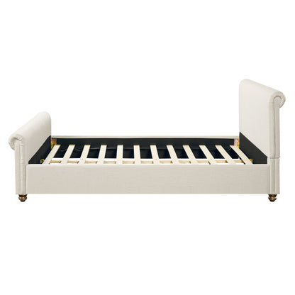 Queen Size Upholstered Bed Frame With Linen Fabric, Thick Headboard And Solid Wood Legs, Beige image 7