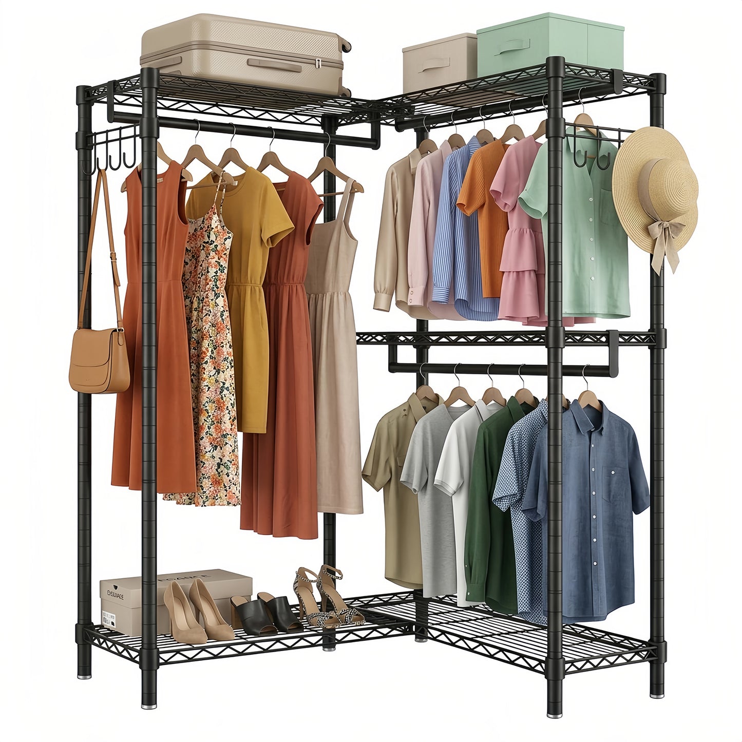 Garment Rack L Shaped Clothes Rack for Corner, Heavy Duty Clothes Rack with 3 Hanging Rods & 2 Side Hooks, Freestanding Clothing Racks for Hanging Clothes, 58.27''Wx 17.13''D*76.38''H, Black image 1