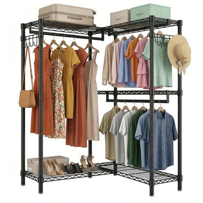 Garment Rack L Shaped Clothes Rack for Corner, Heavy Duty Clothes Rack with 3 Hanging Rods & 2 Side Hooks, Freestanding Clothing Racks for Hanging Clothes, 58.27''Wx 17.13''D*76.38''H, Black image 1