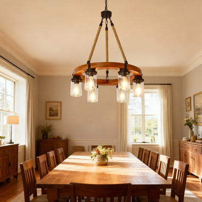 23.62 INCH Round Wood Pendant Light with Seeded Glass Shade, Rustic 6-Light Wagon Wheel Chandelier,Farmhouse Chandeliers for Dining Room Kitchen Island Foyer Entryway (8 Light)--NO INCLUDED BULBS image 7