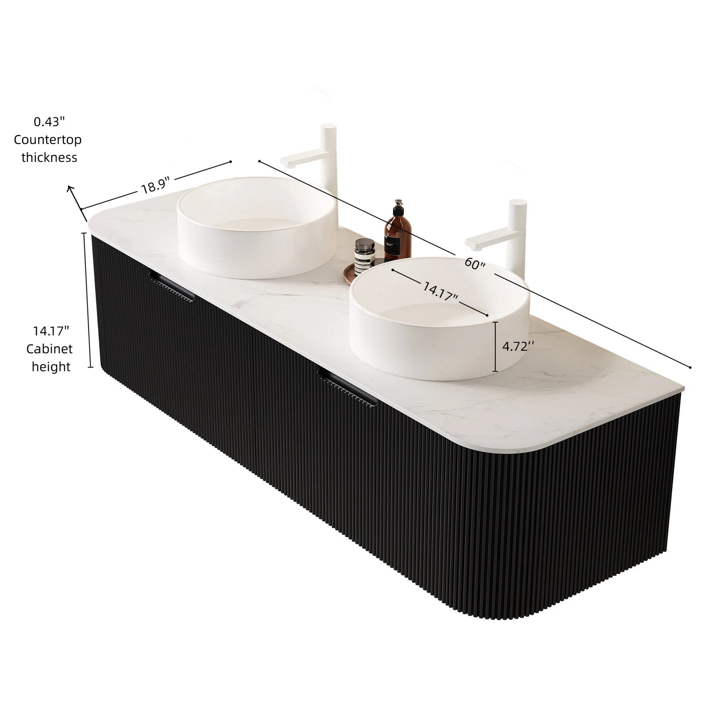DINA 60" Bathroom Vanity&Sinks, Floating Curved Edges Striped Bathroom Storage Cabinet with 2 Drawers, 2 White Round Ceramic Basins&Carrara White Sintered Stone Countertop, Pre-assembled, Black Color image 5