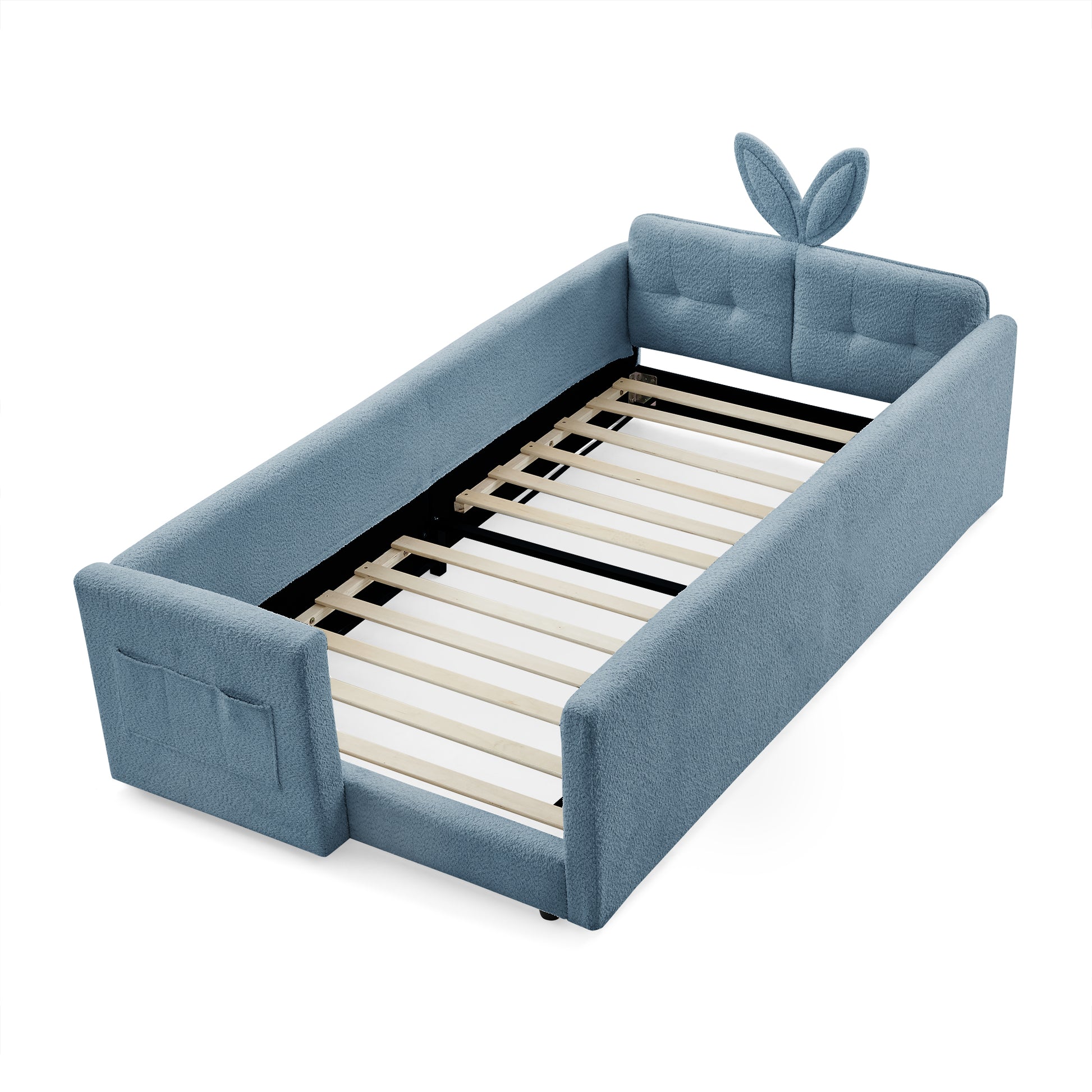 Twin Size Upholstered Platform Bed with Cute Rabbit Ear Shaped Headboard, with Safety Rail and Pocket, Boucle Fabric image 9