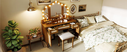 44.37" Makeup Vanity Desk with Stool Set, 13 Hollywood Bulbs & 3 Lighting Modes Dressing Table, Tri-Fold Mirror Large Vanity Table with Cushioned Stool, Charging Station, Ample Storage, Espresso image 11