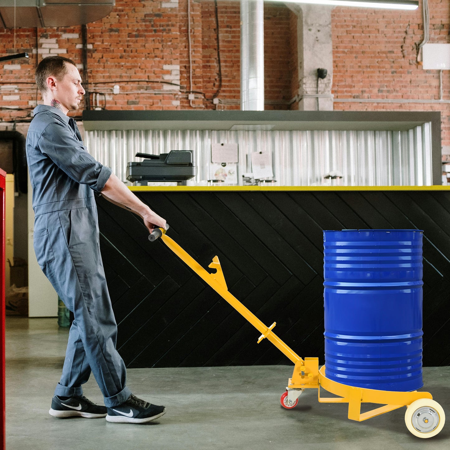 55 Gallon Drum Dolly, 1200lbs capacity, with 2 fixed PU Wheels and 1 swivel wheel - Low Profile Steel Oil Drum Caddy Oil Barrel Drum Roller Hand Cart image 9