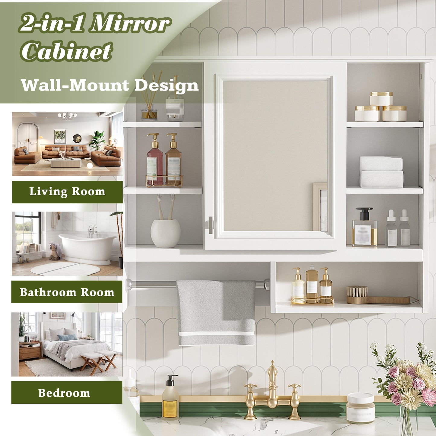 35 inch Wall-Mount 2-in-1 Mirror Cabinet with Adjustable Shelves, Soft-Closing Hinges, Open Shelves, for Bathroom Vanity, Living Room, Bedroom Storage Organizer image 6