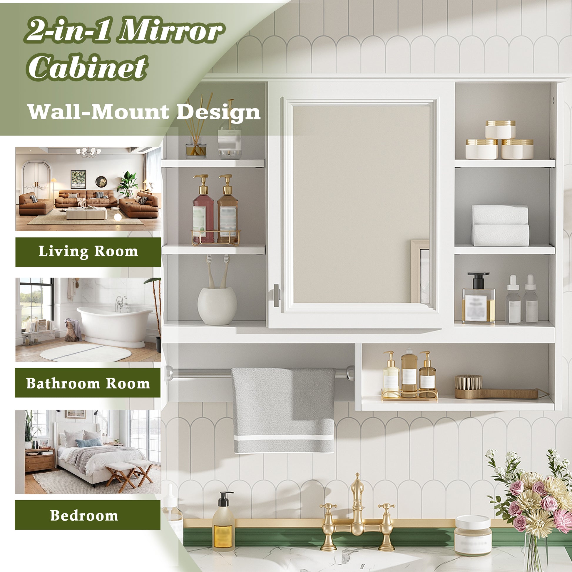 35 inch Wall-Mount 2-in-1 Mirror Cabinet with Adjustable Shelves, Soft-Closing Hinges, Open Shelves, for Bathroom Vanity, Living Room, Bedroom Storage Organizer image 6