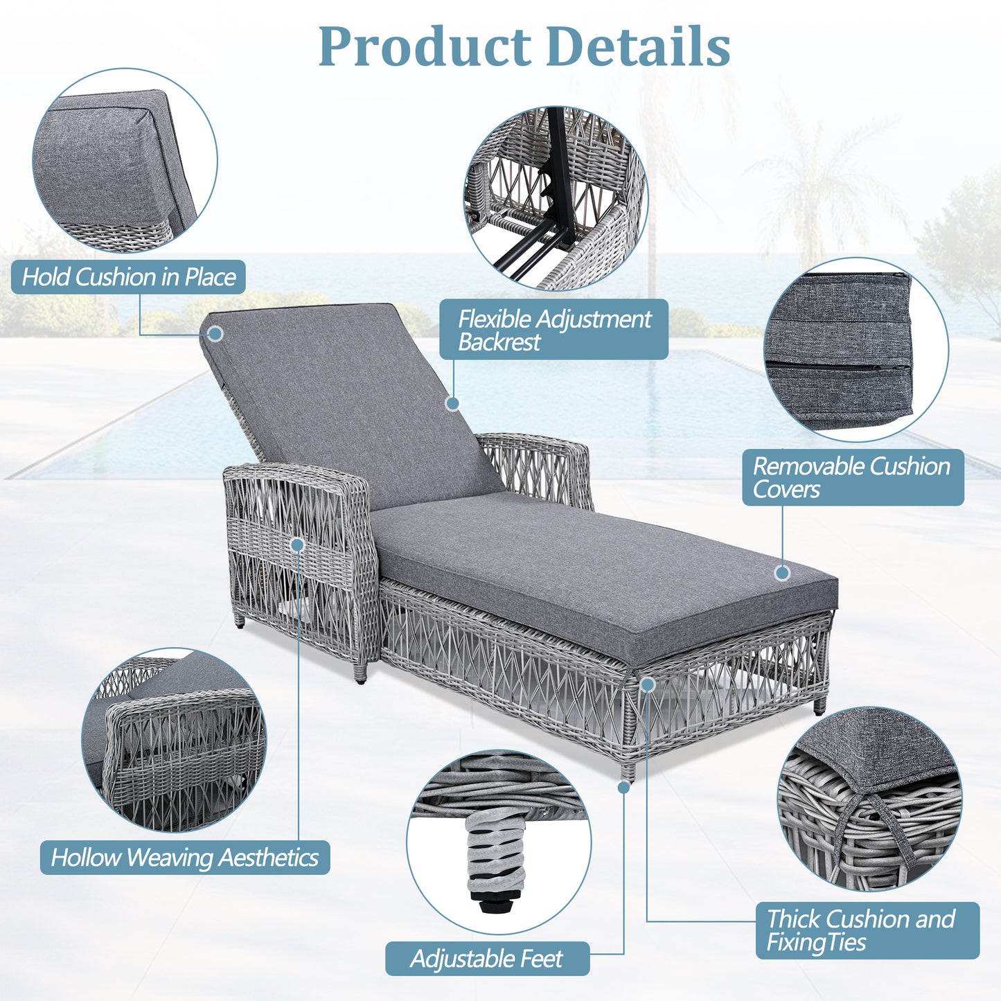 GO Outdoor Long Reclining Chaise, Wicker Lounge with Armrests, Patio Adjustable Recliner with Soft Removable Cushions, All Weather Rattan Pool Lounge for Poolside & Garden, Gray image 5