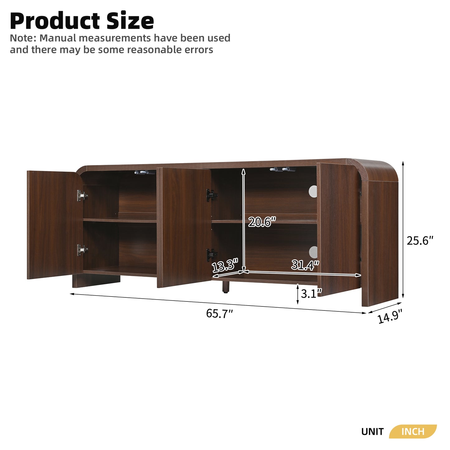 Farmhouse Curved Edge TV Stand with Large Cabinets for TVs up to 70", Minimalist Wood Grain Media Console with Cable Management, Mid Century TV Cabinet with Adjustable Shelves for Living Room, Walnut image 7