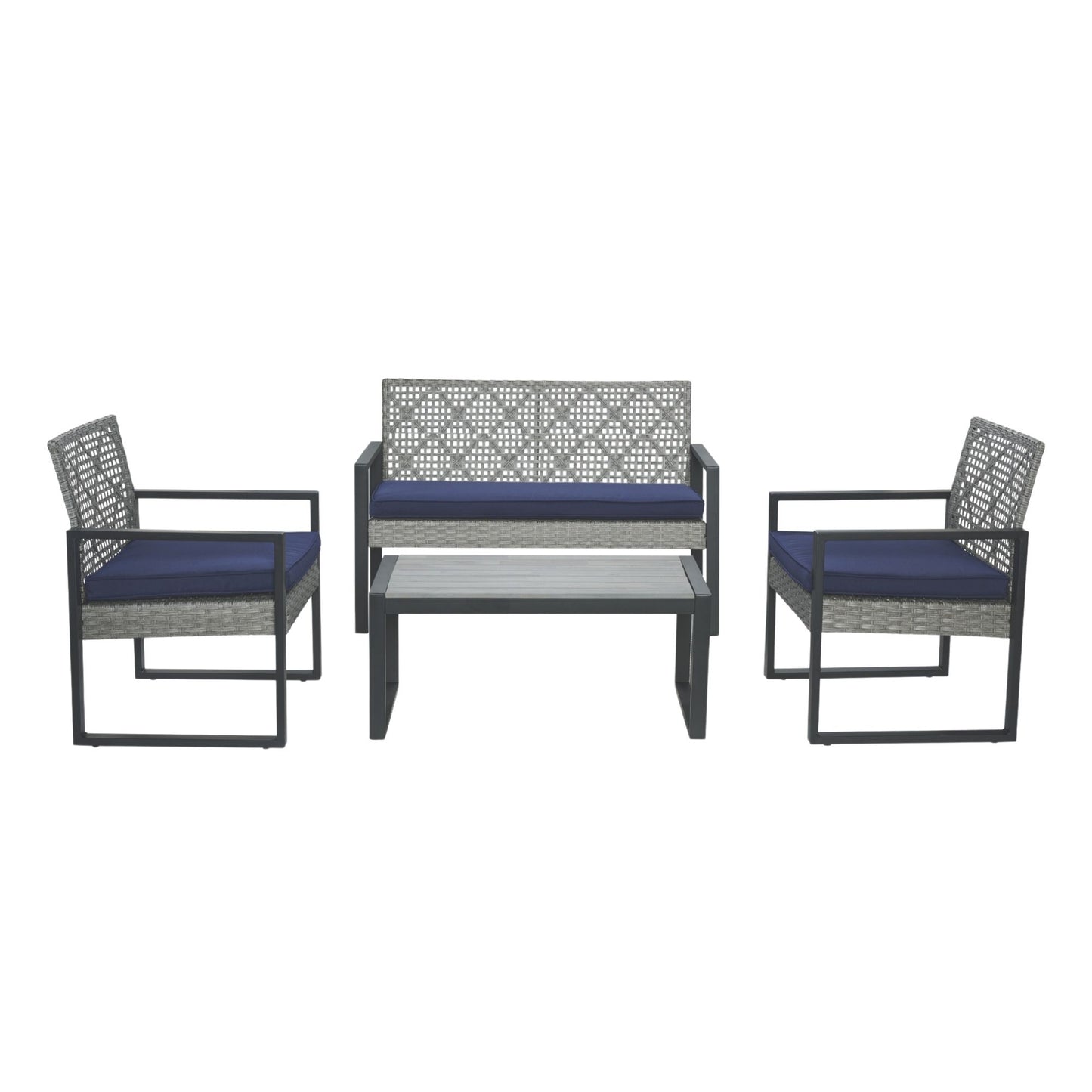 4-Piece Patio Furniture Set Outdoor Balcony Porch Garden Backyard Lawn Furniture Gray Acacia Wood Table Top, Blue Cushion and Light Gray rattan image 2