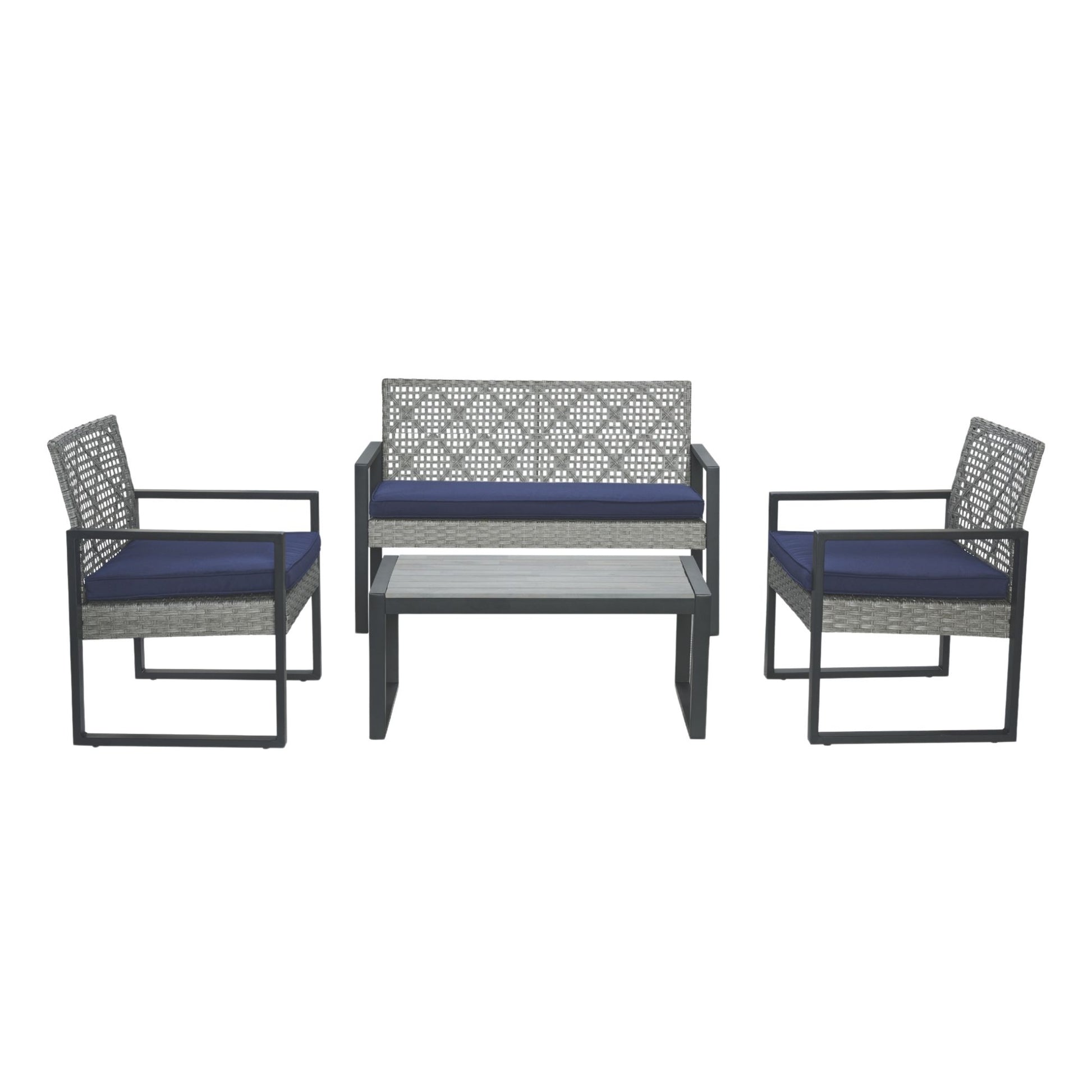 4-Piece Patio Furniture Set Outdoor Balcony Porch Garden Backyard Lawn Furniture Gray Acacia Wood Table Top, Blue Cushion and Light Gray rattan image 2