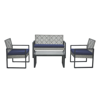 4-Piece Patio Furniture Set Outdoor Balcony Porch Garden Backyard Lawn Furniture Gray Acacia Wood Table Top, Blue Cushion and Light Gray rattan image 2