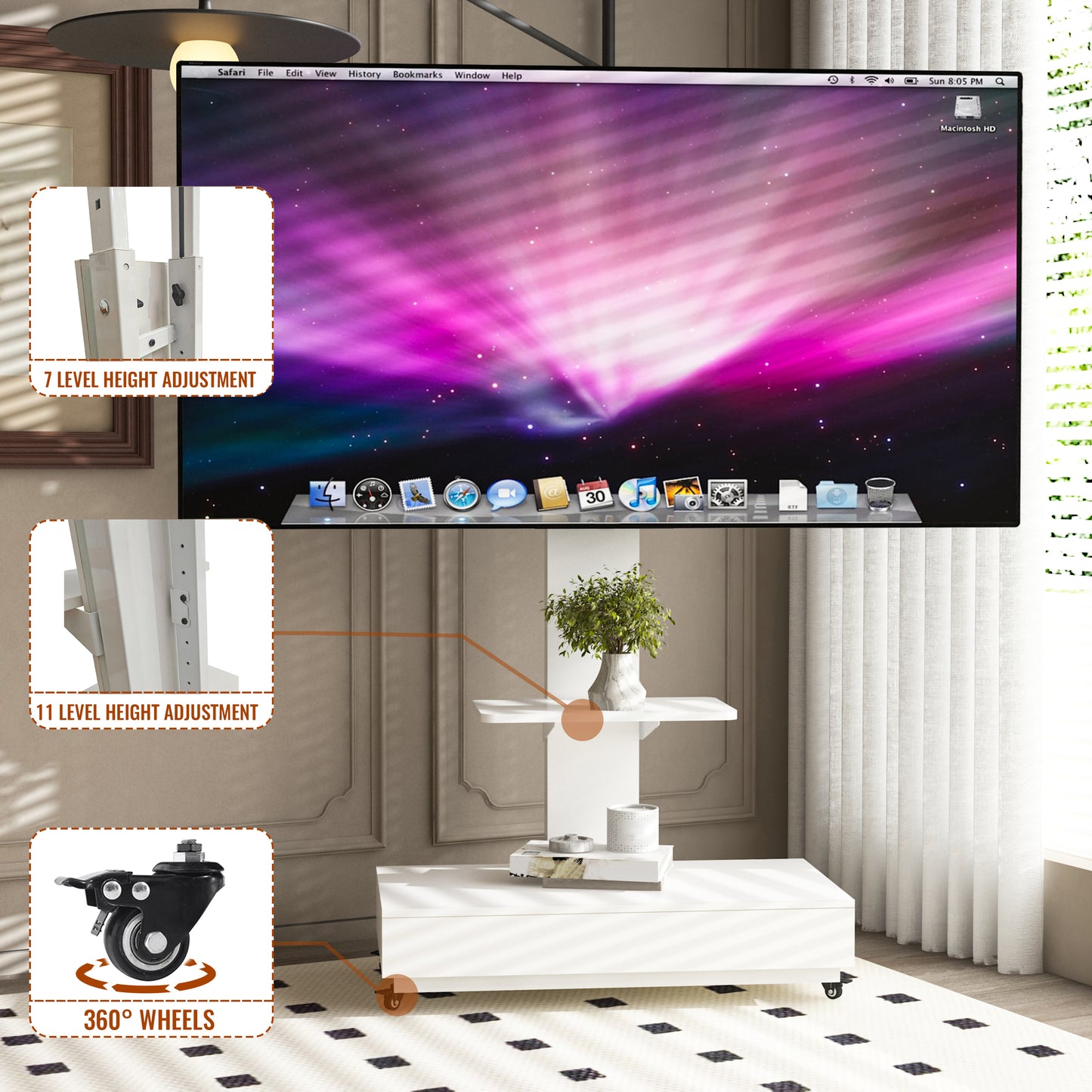 TV stand with push-pull drawer for Living Room, Bedroom,Offices,Adjustable Height Mobile TV Cart for 32-75 inches,tv stand with wheels,White image 6