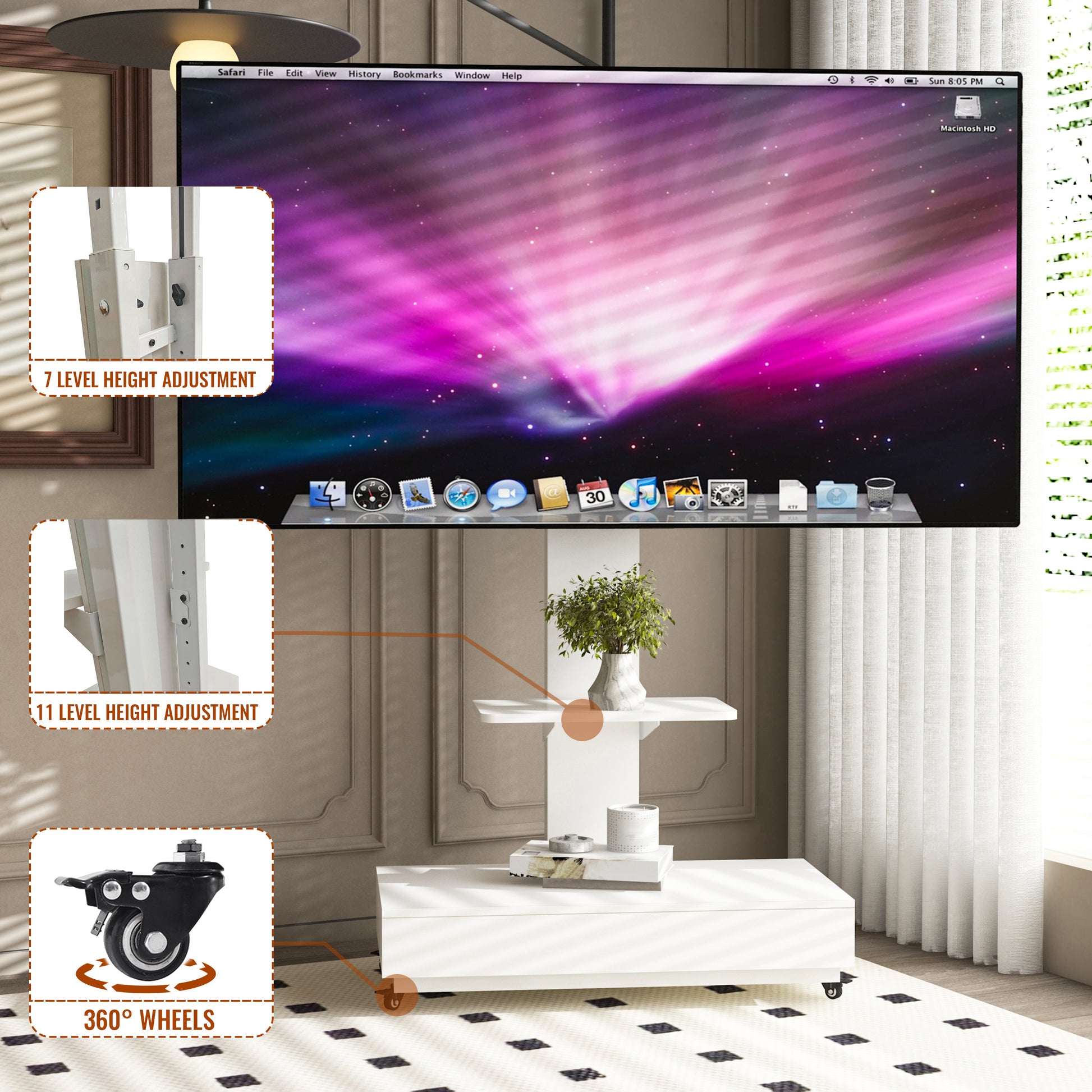 TV stand with push-pull drawer for Living Room, Bedroom,Offices,Adjustable Height Mobile TV Cart for 32-75 inches,tv stand with wheels,White image 6
