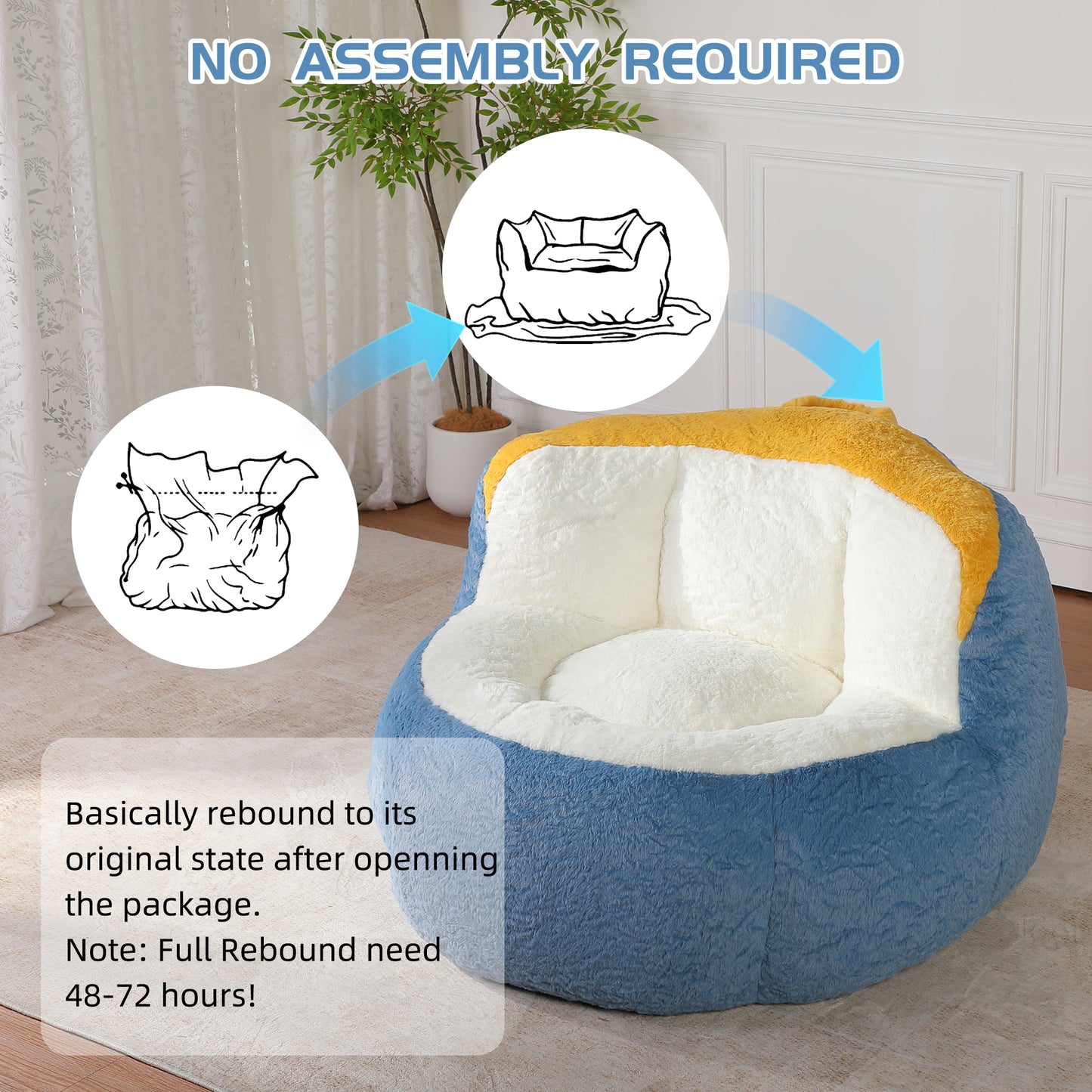 Oversized Bean Bag Chairs,Multicolor Faux Fur Couch Filled with Shredded Sponge,Large Lounger Sofa For Living Room,No Assembly Required, Blue+White+Yellow image 9
