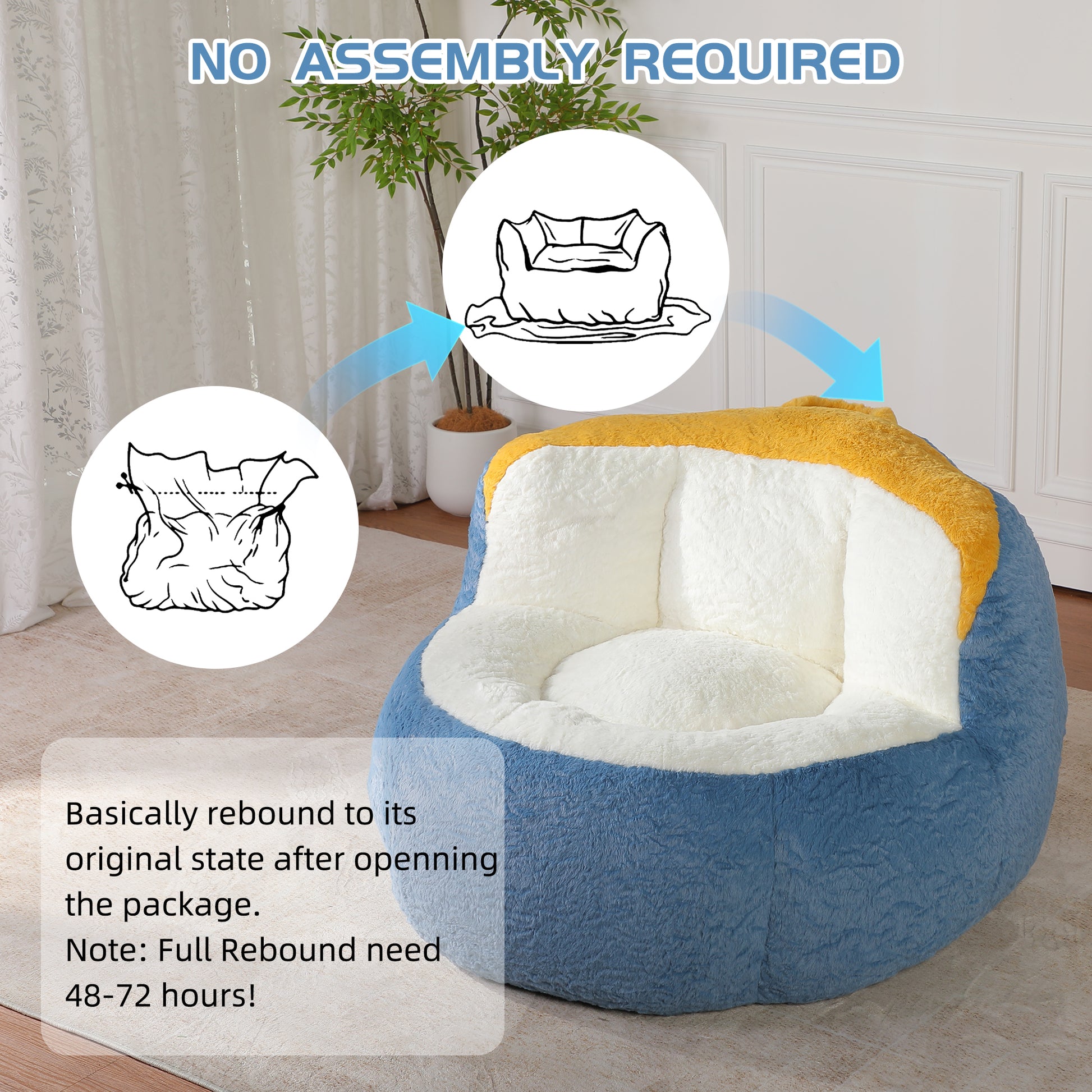 Oversized Bean Bag Chairs,Multicolor Faux Fur Couch Filled with Shredded Sponge,Large Lounger Sofa For Living Room,No Assembly Required, Blue+White+Yellow image 9