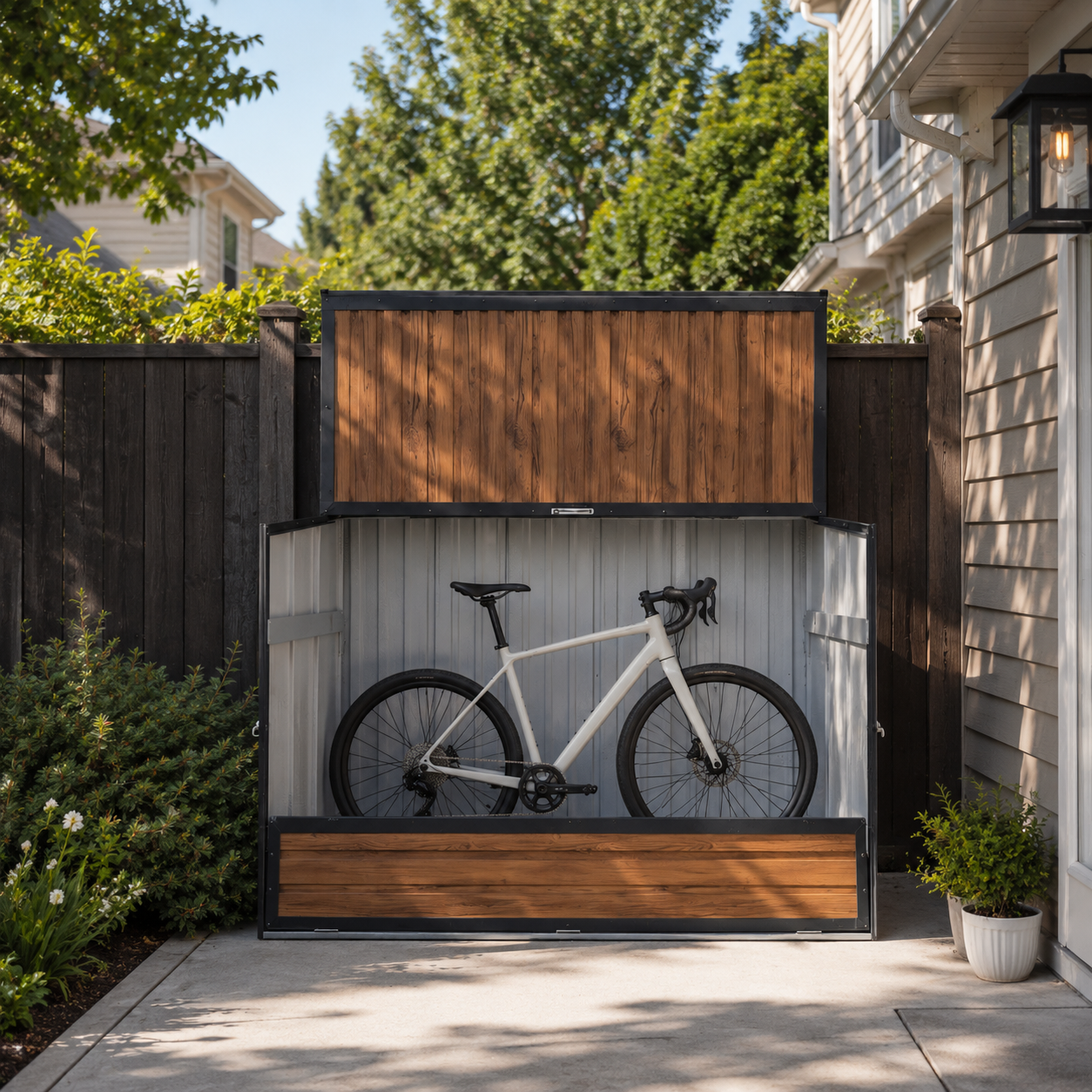 Wood Grain Galvanized Steel Storage Cabinet, Lift-Up Top & Foldable Front Door Large Capacity Tool Cabinet for Indoor, Garage & Backyard Use 594.39 US Gal 2.25m³ image 9