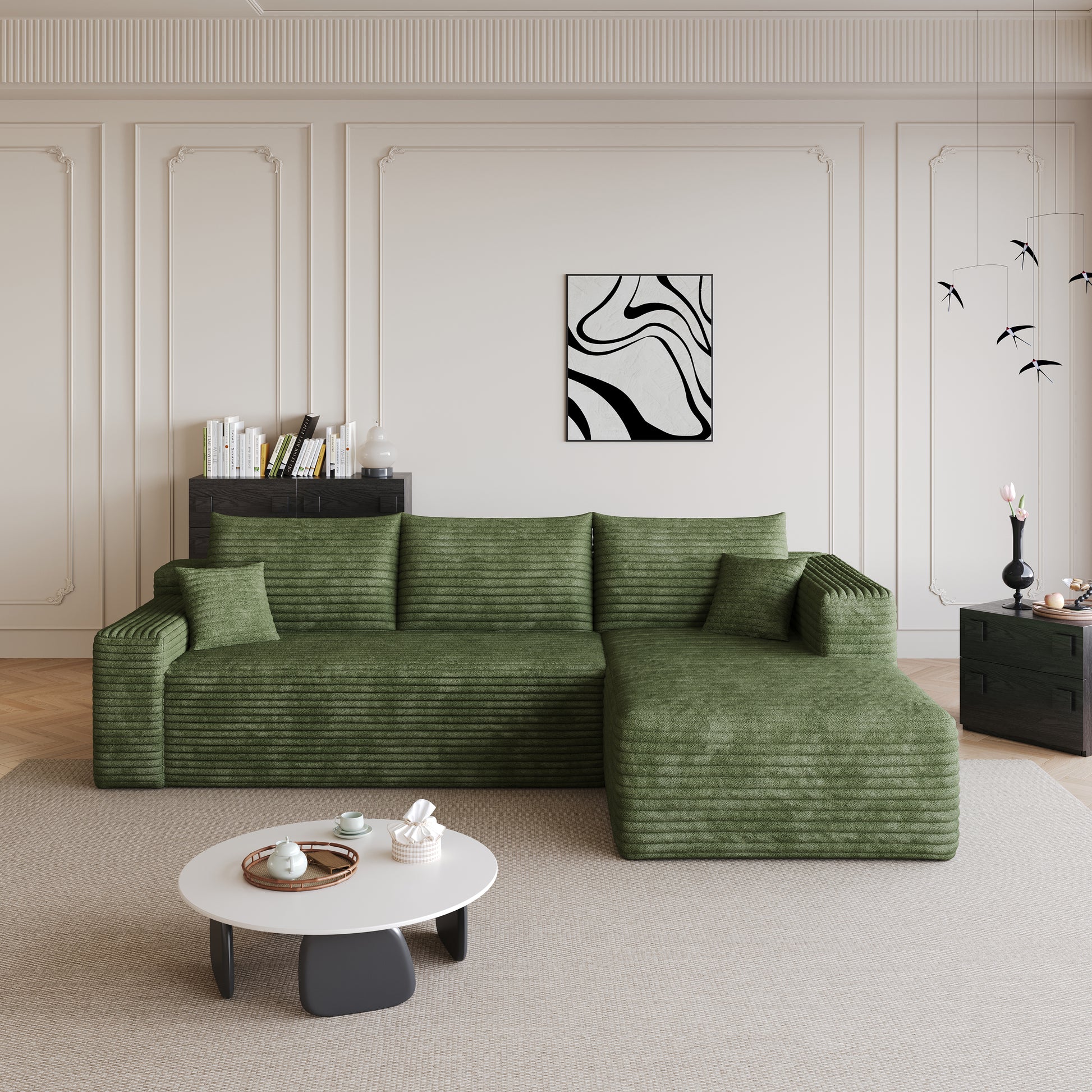 95" Cloud Sectional Sofa,Modern Minimalist Upholstered Couches, Comfort U Shaped Sofa for Living Room,Deep Seat Corner Couch,No Assembly Required,Green((Plush Corduroy Fabric) image 3