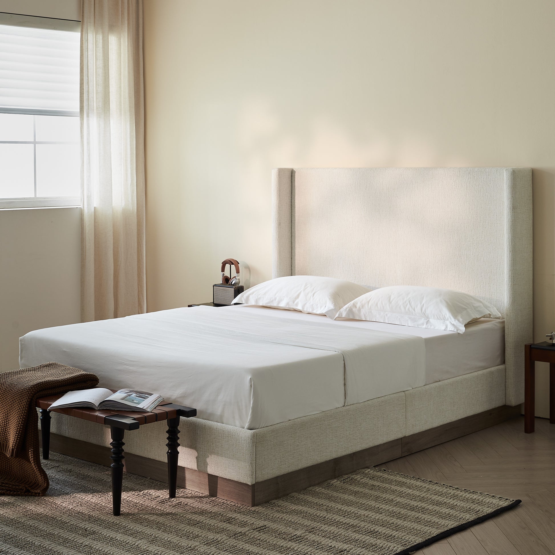 Hosford Upholstered Wingback Bed / Upholstered Wood Base Platform Bed / 52.5" High Headboard / Minimalist / Rusticity / No Box Spring Needed / King / Oat Boucle / No Noise image 2