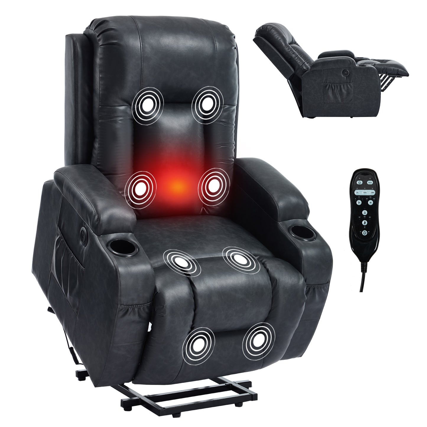 Dark Grey PU lInfinite Position Up to 350 LBS Power Lift Recliner Chair for Elderly, Heavy Duty Motion Mechanism with 8-Point Vibration Massage and Lumbar Heating, USB Charging Port, Cup Holders image 11