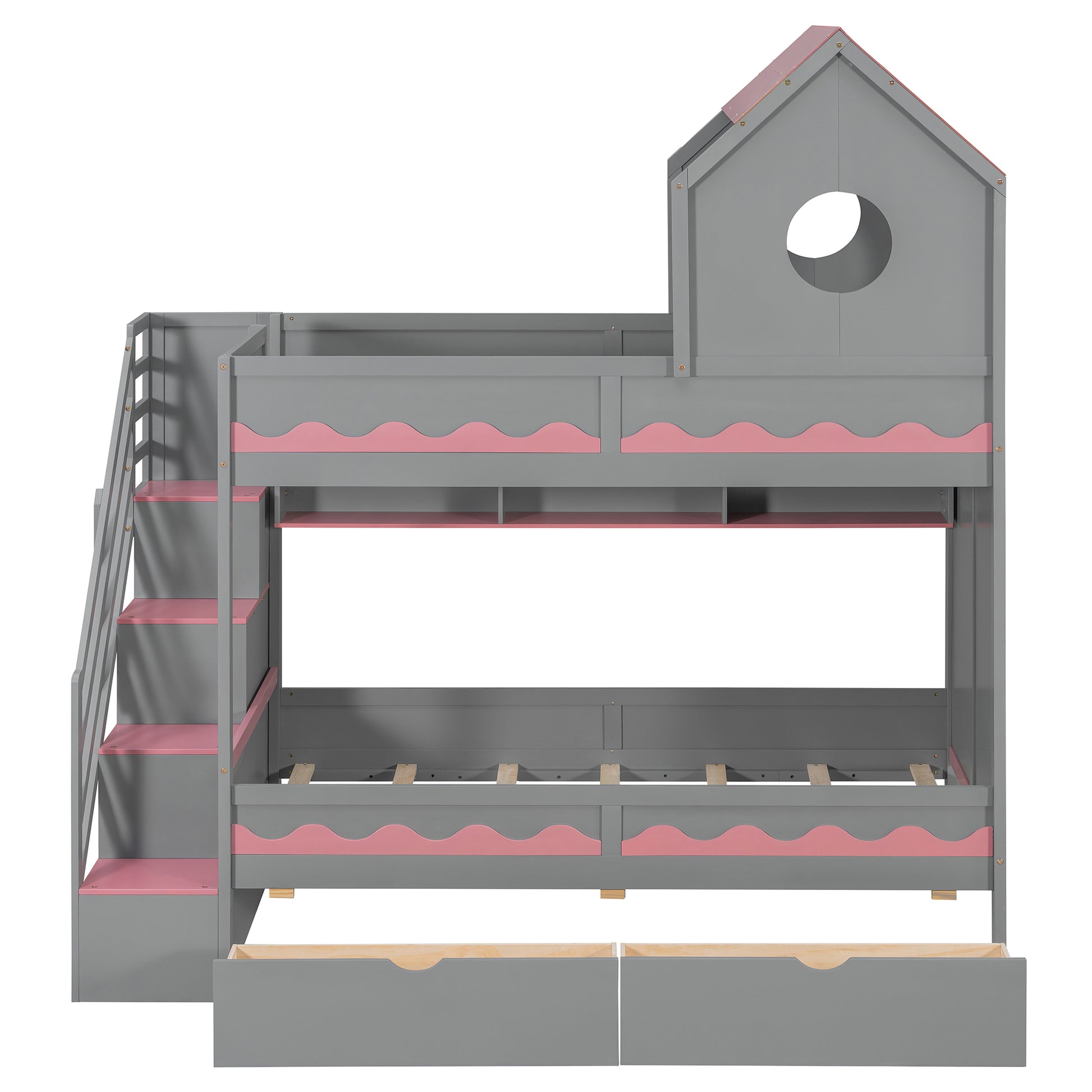 Twin Over Twin Bunk Bed with House-Shaped Roof and Storage Stairs, Wooden House Bed Frame with 2 Under-bed Drawers,Shelves,LED,Gray image 4