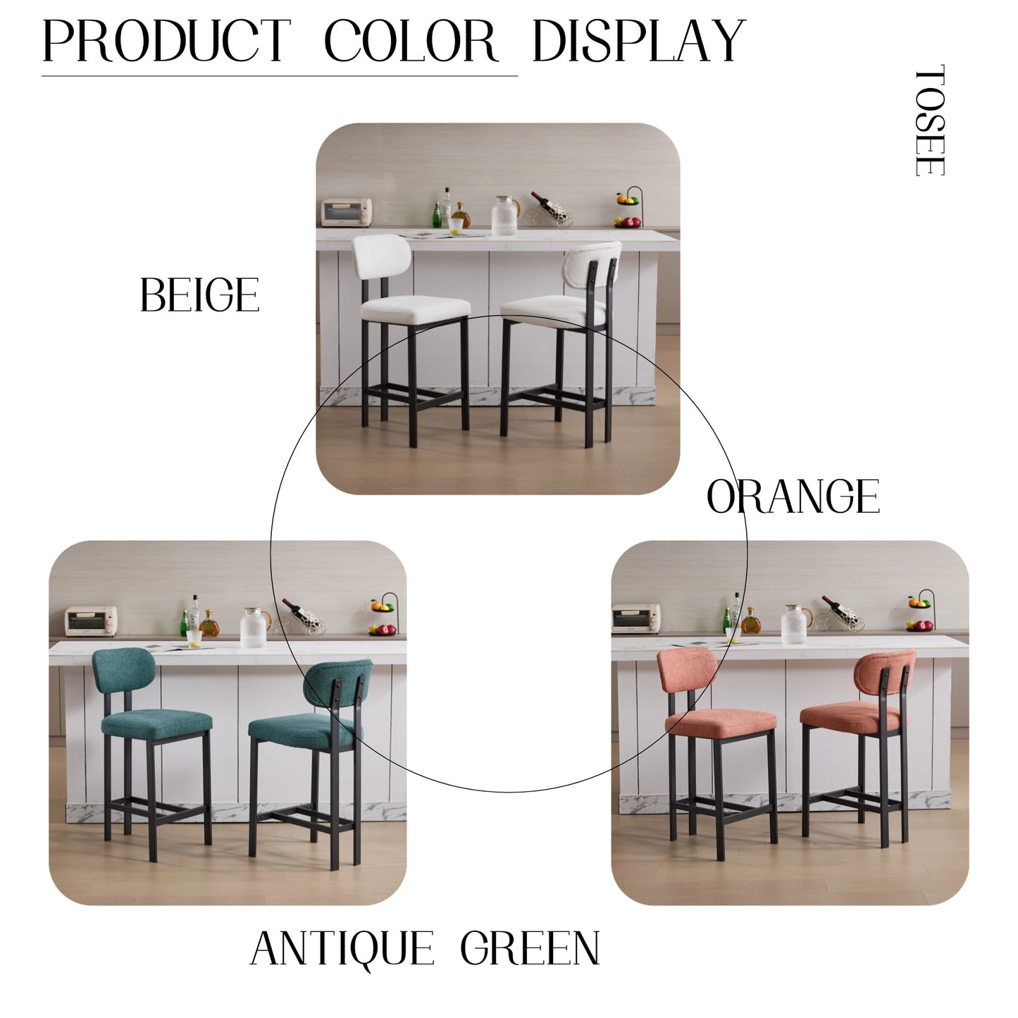 Bar Stools Set of 2, 26 inch Modern Upholstered Fabric Counter Height Barstools, Kitchen Island Chairs with Black Metal Legs for Dining Room/Kitchen Island/Bar image 6