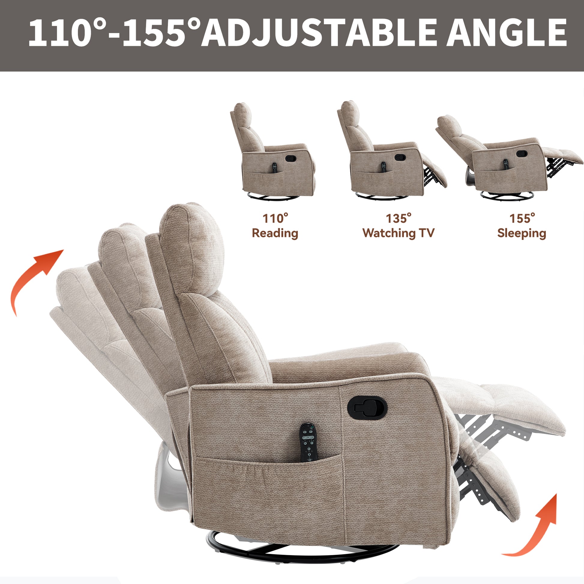 Khaki Heat Massage Manual Recliner Chair with Rocker and Swivel in Fabric for Living Room image 6