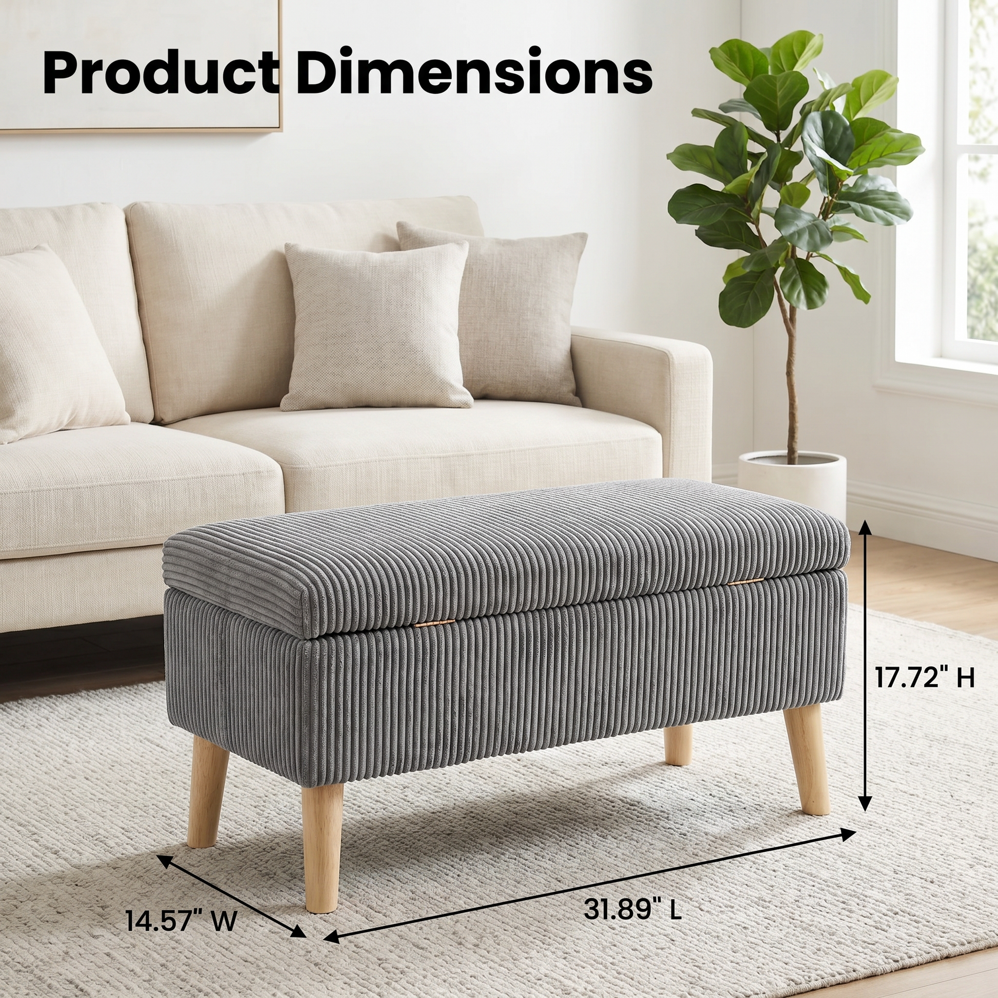 32 inch Wide Olive Grey Corduroy Storage Ottoman Bench with Wooden Legs, Flip-Top Storage Box, Soft Upholstered End of Bed Bench, Footrest & Shoe Bench for Bedroom, Living Room, Entryway image 7