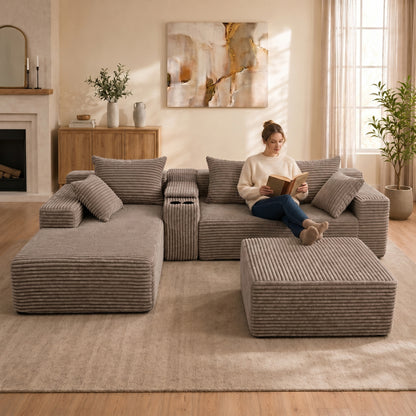 144 inch corduroy U-shaped modular segmented sofa, large seat depth convertible form, with cup holder and storage space, modern Nordic comfortable sofa bed, suitable for large living rooms, apartments image 3