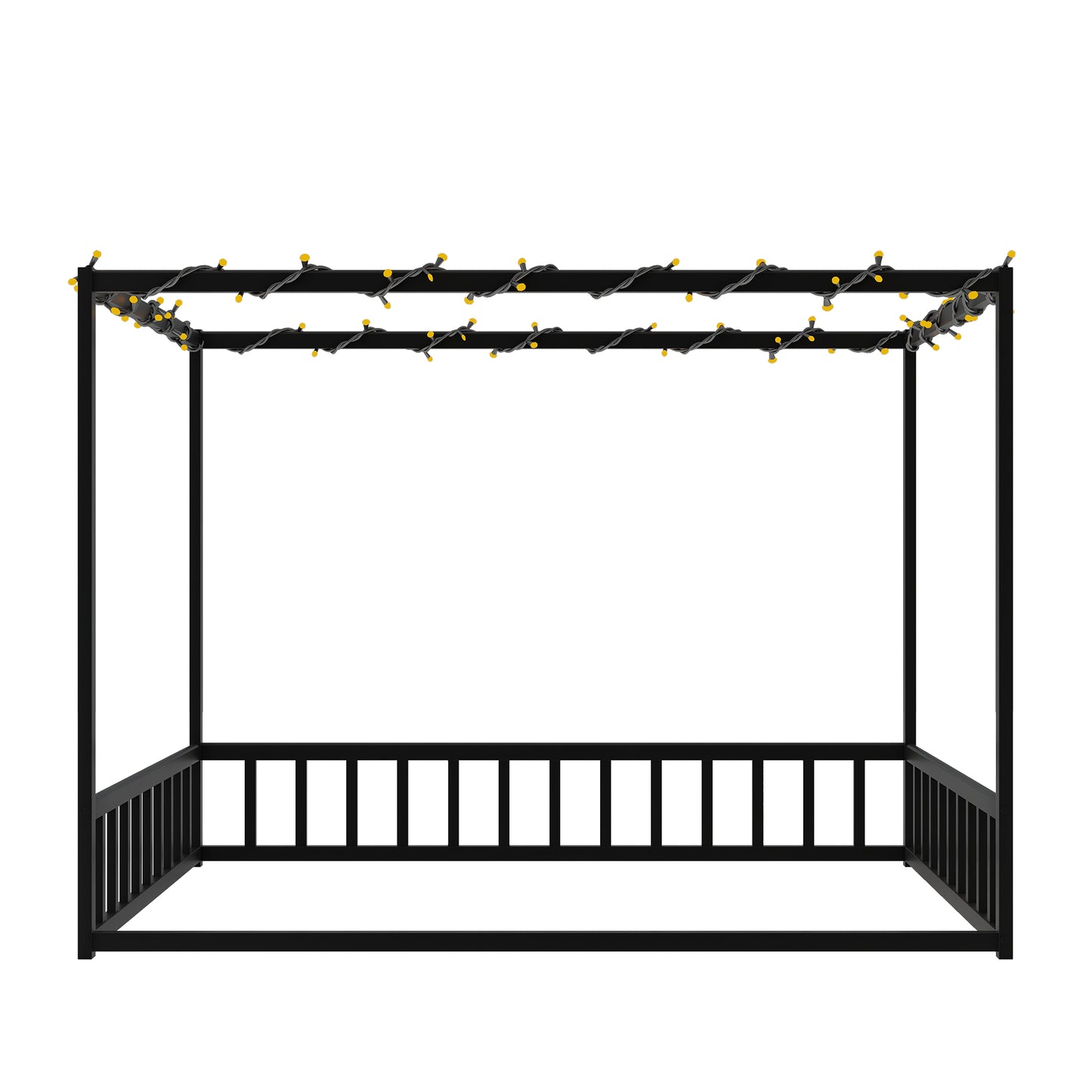 Full size sunshade floor bed, iron double-size bed frame, modern low-profile double-size bed, equipped with fence-style guardrails, black series image 5