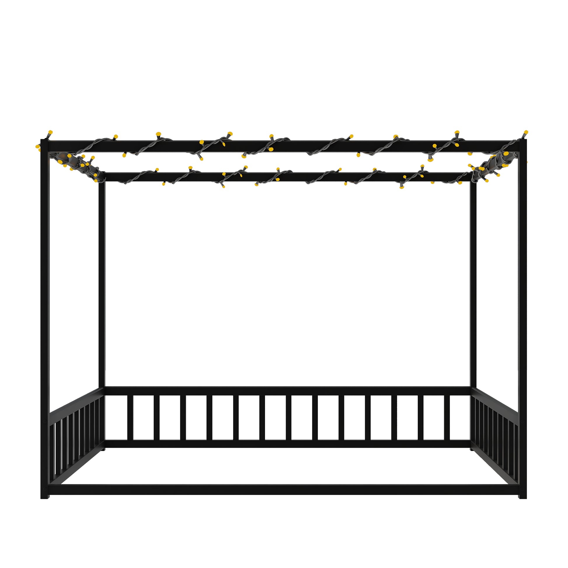 Full size sunshade floor bed, iron double-size bed frame, modern low-profile double-size bed, equipped with fence-style guardrails, black series image 5