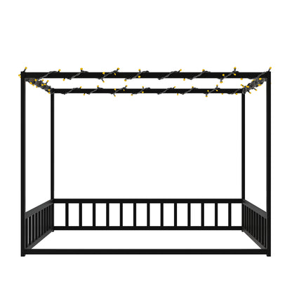 Full size sunshade floor bed, iron double-size bed frame, modern low-profile double-size bed, equipped with fence-style guardrails, black series image 5