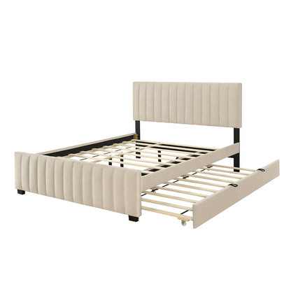Queen Size Velvet Upholstered Platform Bed with Twin XL Size Trundle, Beige image 4