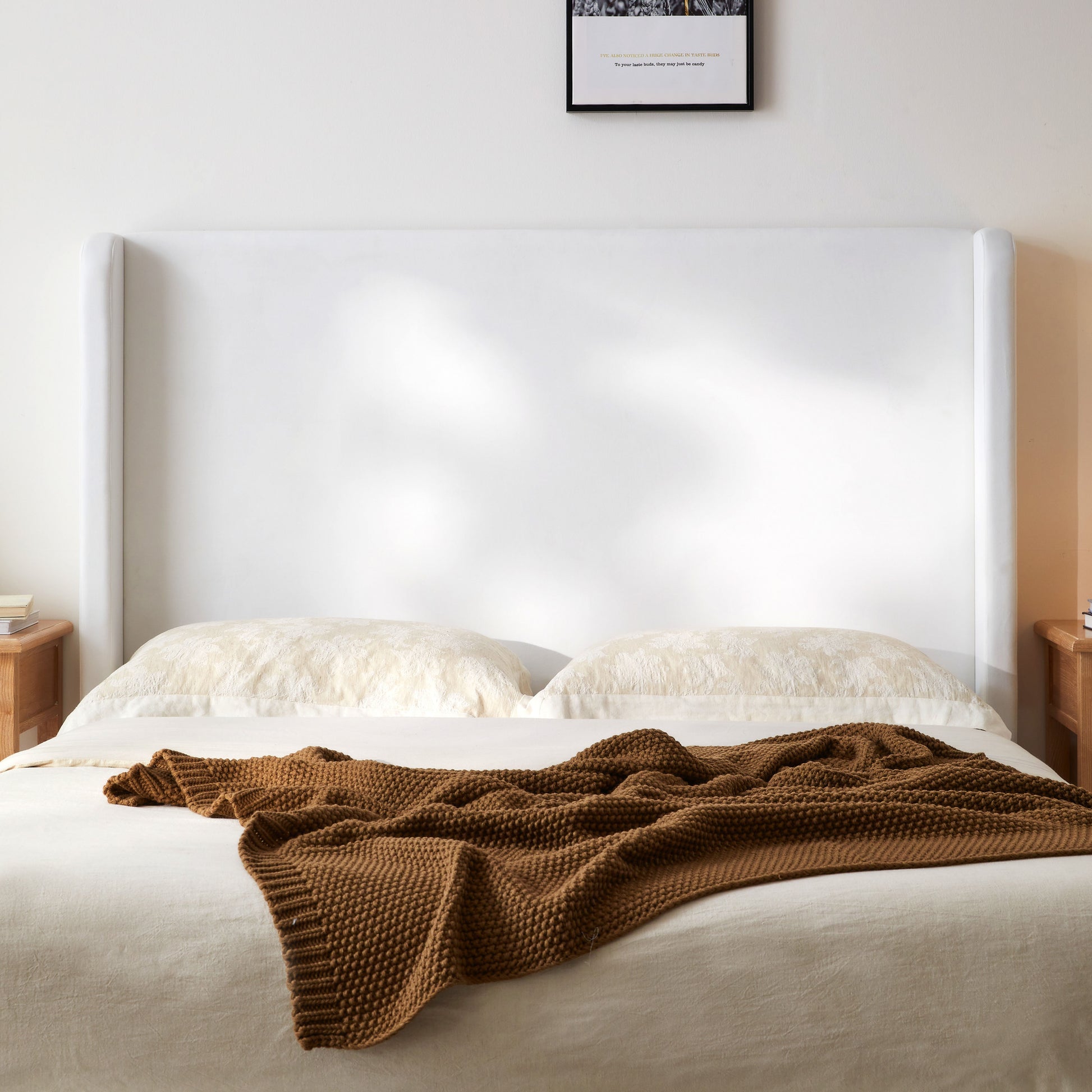 Carmen Upholstered Wingback Bed / Upholstered Platform Bed Frame / 52.3" High Headboard / Simplicity / Minimalist / No Box Spring Needed / Easy Assembly / King / Coconut Micro Suede / No Noise image 3