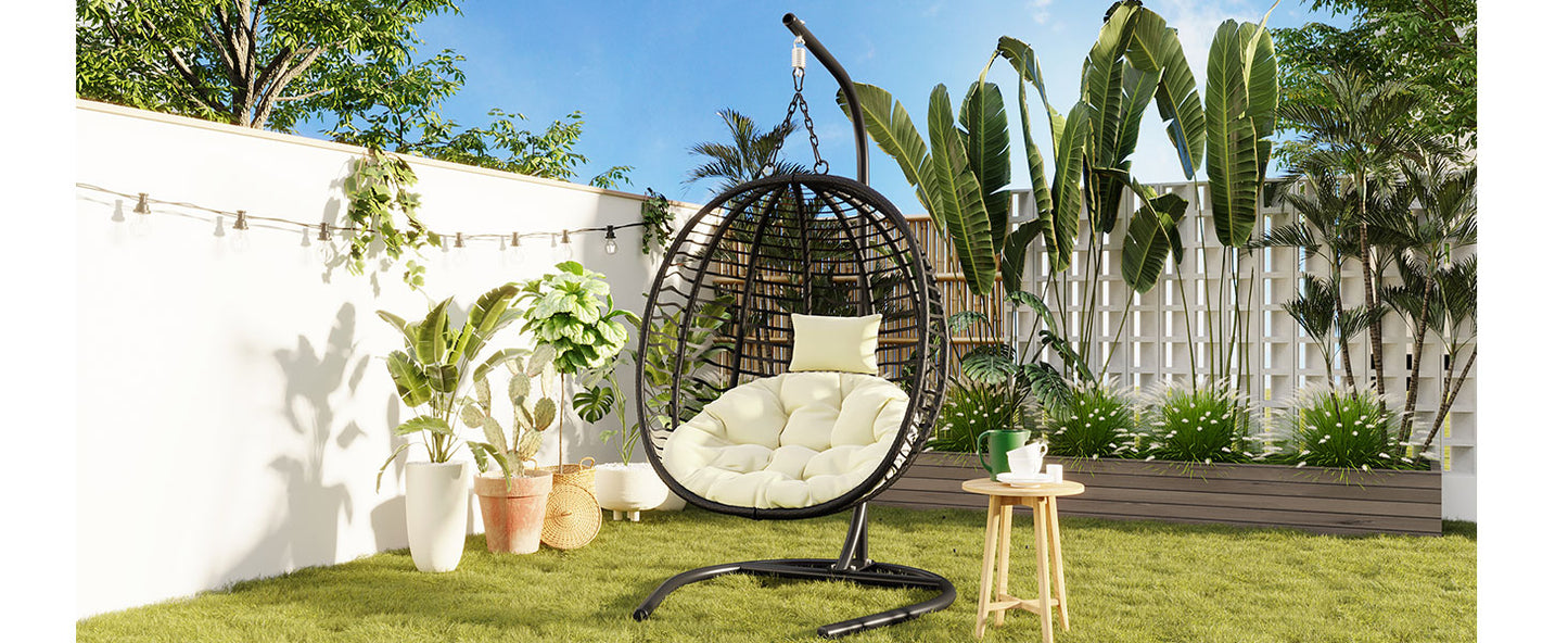 U_Style Single Person Folding Egg Chair with Stand, Hanging Egg Chair Indoor Outdoor, Wicker Hammock Swing Chair with Adjustable Anti-Slip Feet,Suitable for Balcony, Bedroom,Garden image 3