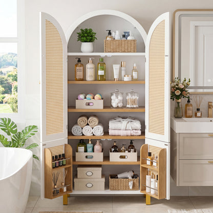 71" Tall Arched Cabinet with Rattan Doors & Adjustable Shelves,4 Doors Modern Farmhouse Storage Cabinet with Built-in Racks for Kitchen, Dining Room, Study, White image 4