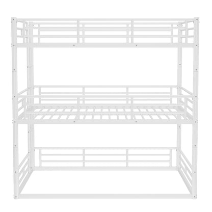 Full over Full over Full Bunk Bed, Metal Triple Bunk Bed with Safety Guardrails, Heavy-duty Bunk Bed with Noise-reduced Design, White image 10