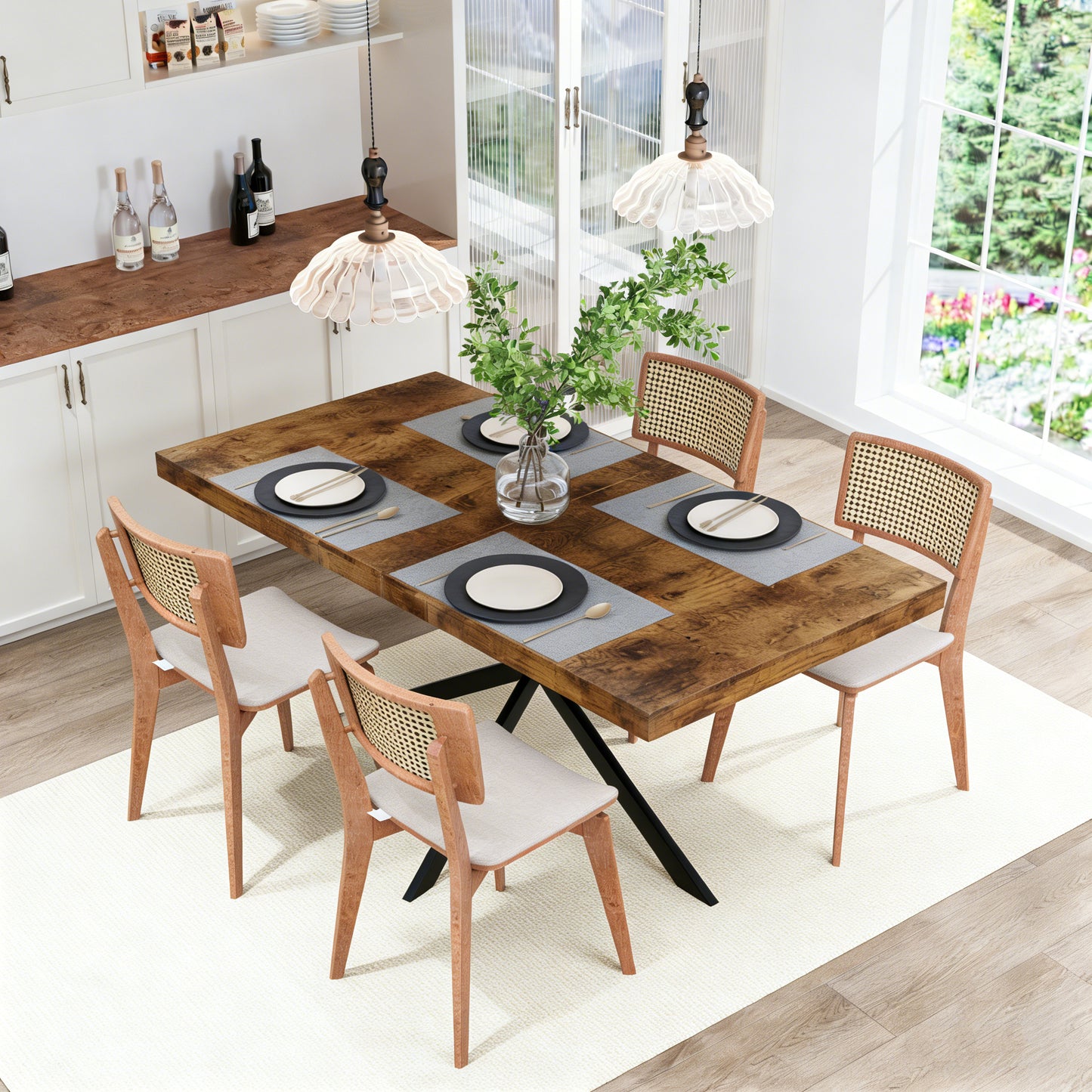 55.11"-70.86"Retro Rectangular Stretch Dining Table, Antique Wood Top And Same Color Relief Plate,With Storage Box,Suitable for dining rooms, kitchens, and living rooms, Brown image 3