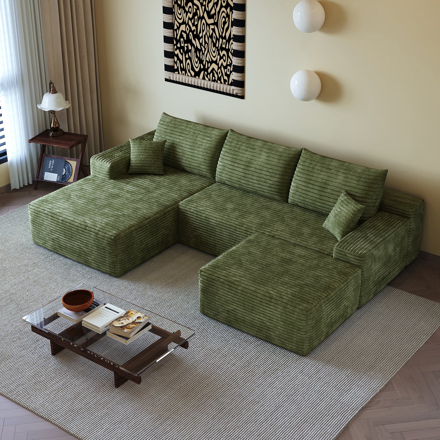 107"Cloud Sectional Sofa with 1 Ottoman,Modern Minimalist Upholstered Couches,Comfort U Shaped Sofa for Living Room,Deep Seat Corner Couch,No Assembly Required (Plush Corduroy Fabric),Green image 5