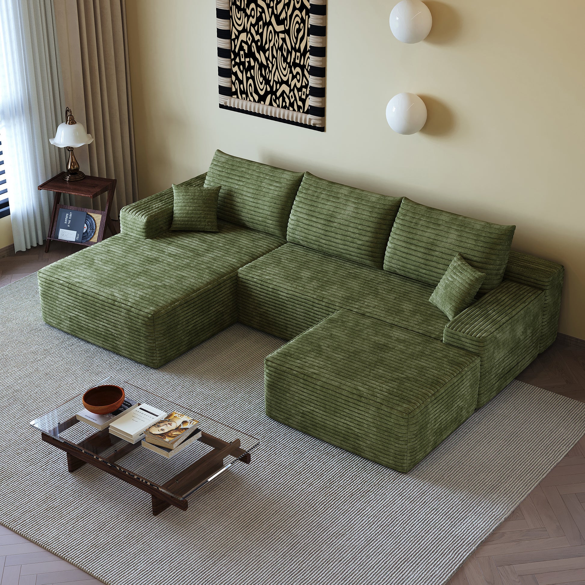 107"Cloud Sectional Sofa with 1 Ottoman,Modern Minimalist Upholstered Couches,Comfort U Shaped Sofa for Living Room,Deep Seat Corner Couch,No Assembly Required (Plush Corduroy Fabric),Green image 5