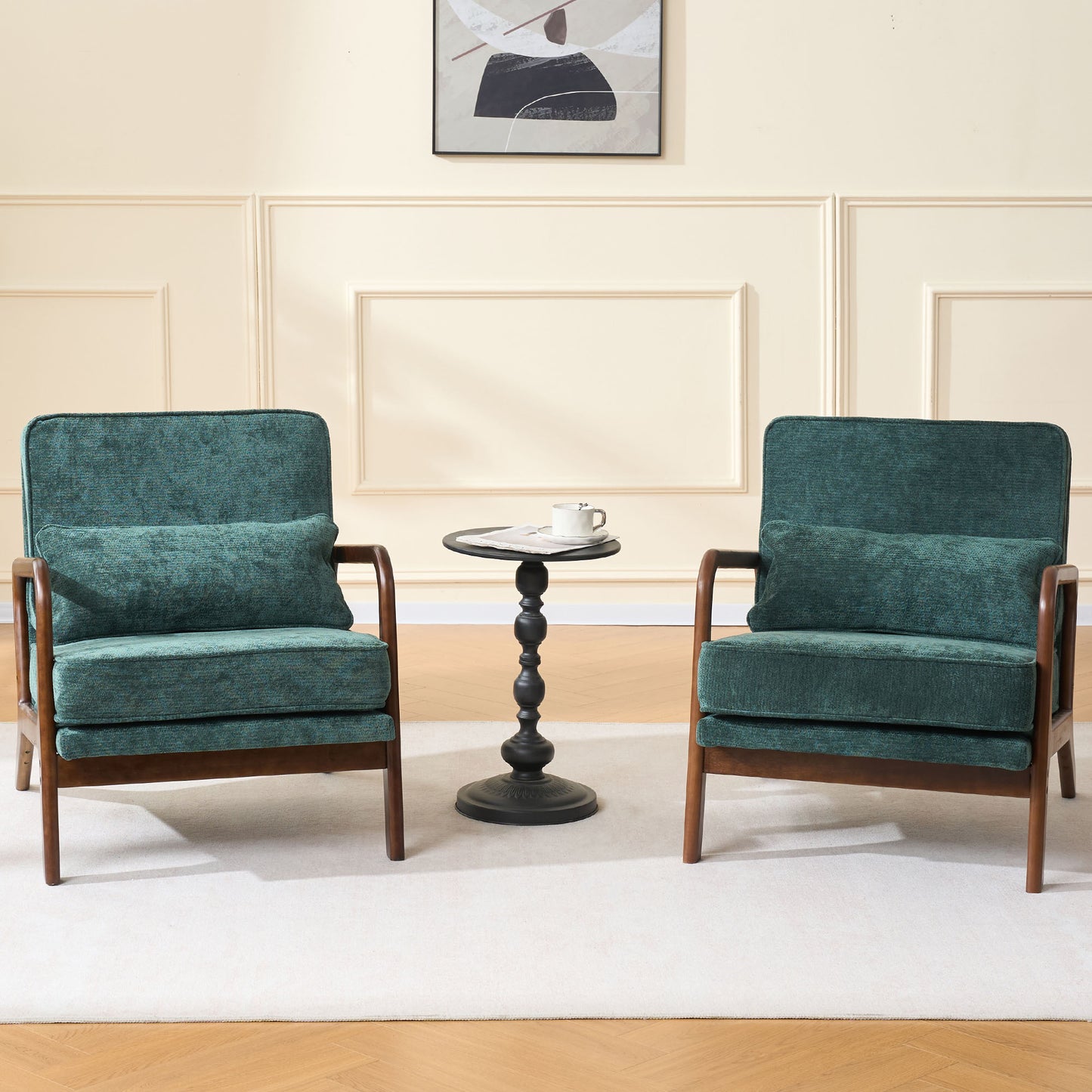 Mid-Century Modern Lounge Chair Single, Upholstered Living Room Chair with Curved Wood Armrests and Lumbar Cushion,Accent Chair for Living Room, Bedroom, Indoor, Dark Green image 10