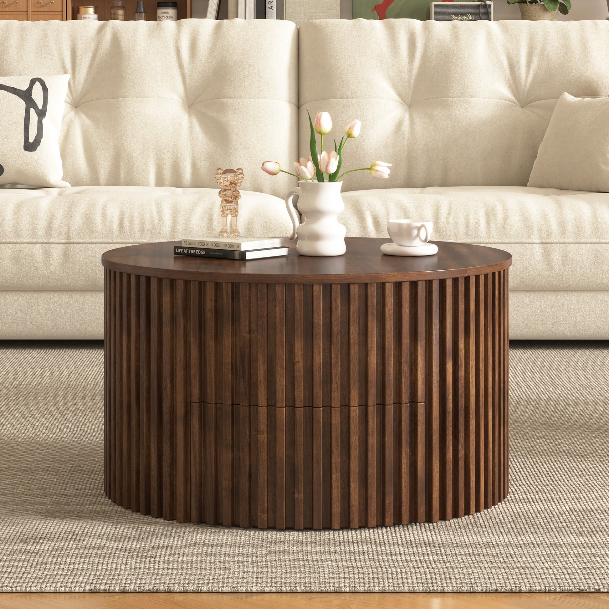 VIBE HAUS Round Lift Top Coffee Table, Modern Fluted Wood Accent Coffee Table with Hidden Storage for Living Room image 4