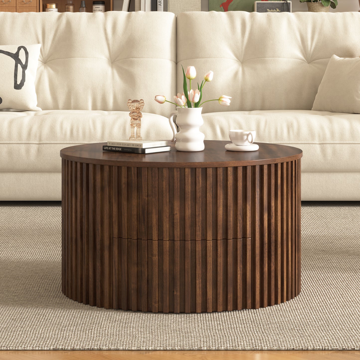 VIBE HAUS Round Lift Top Coffee Table, Modern Fluted Wood Accent Coffee Table with Hidden Storage for Living Room image 4
