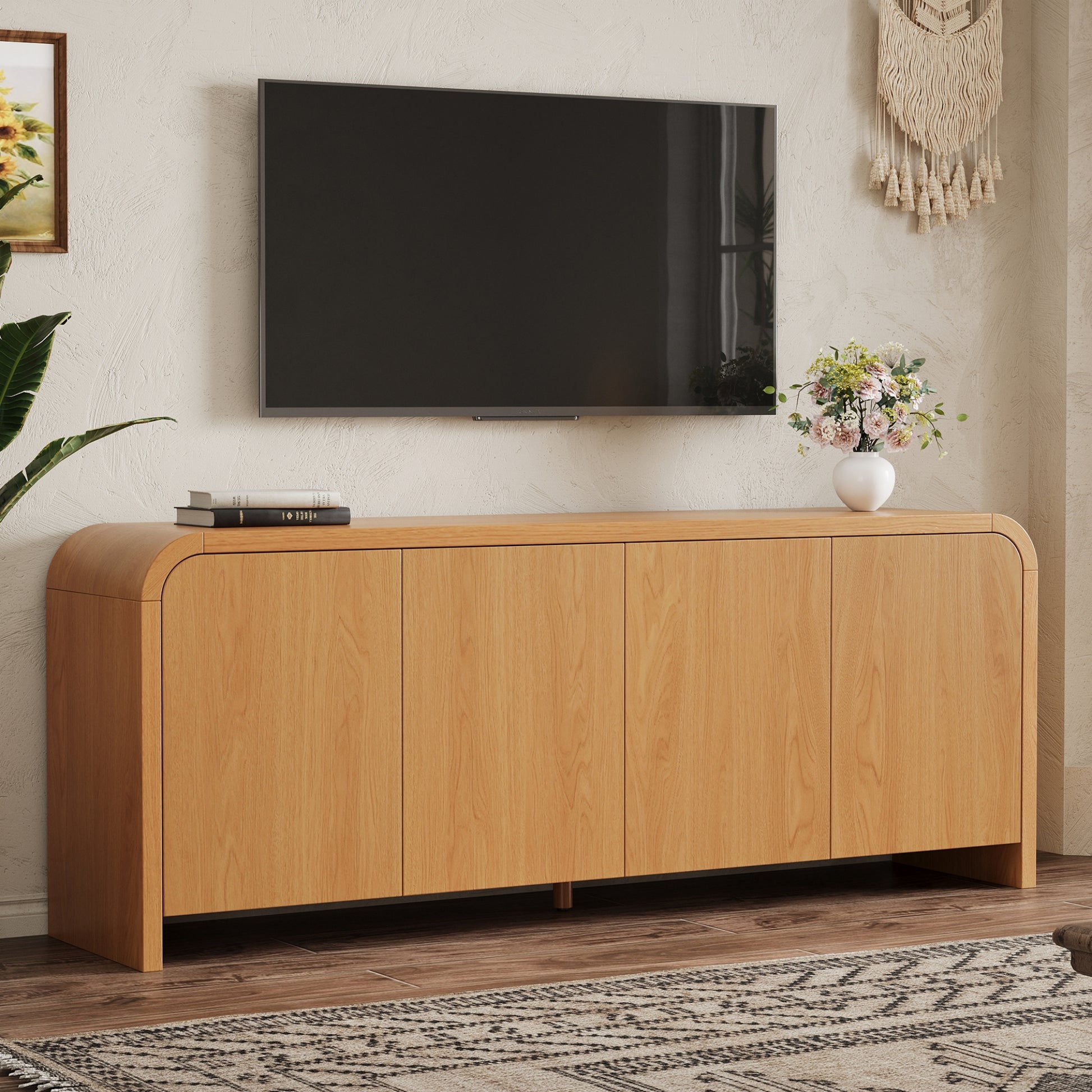 Farmhouse Curved Edge TV Stand with Large Cabinets for TVs up to 70", Minimalist Wood Grain Media Console with Cable Management, Mid Century TV Cabinet with Adjustable Shelves for Living Room, Natural image 1