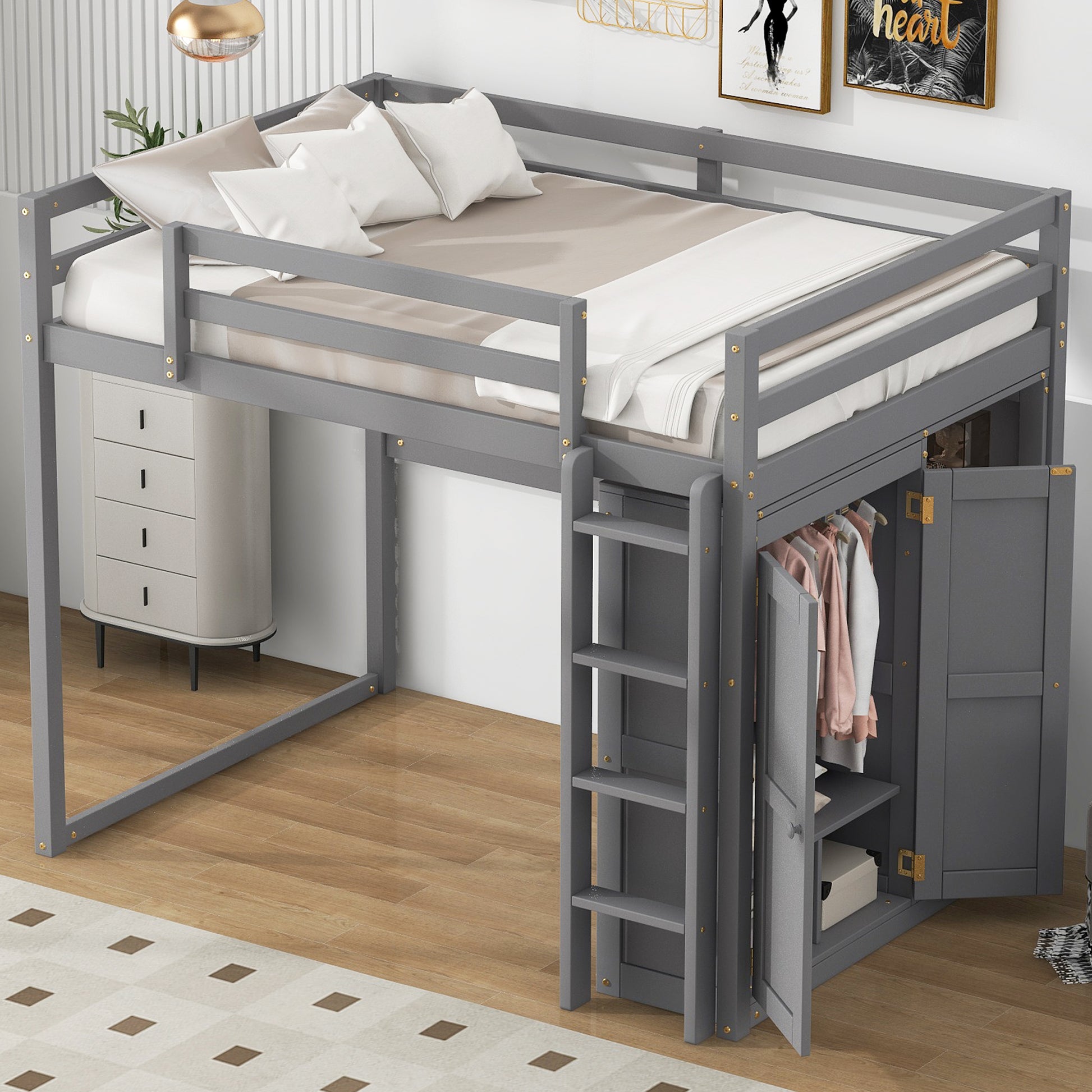 Wood Full Size Loft Bed with Built-in Wardrobe and Storage Shelves, Led light, Gray image 5