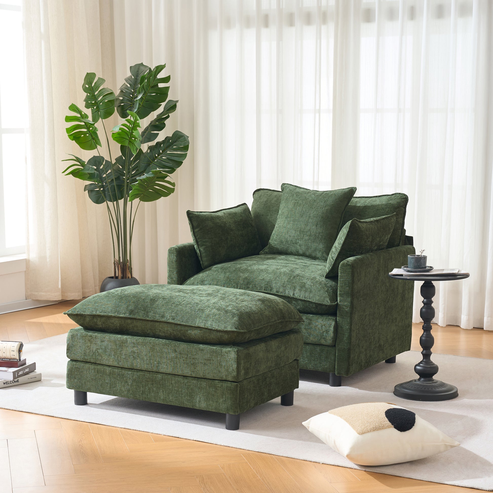39.4" Modern Accent Chair with Ottoman, Living Room Club Chair Chenille Upholstered Armchair, Reading Chair for Bedroom, Green Chenille image 4