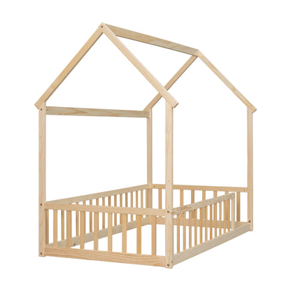 Twin Size House Floor Bed with Roof Frame,Pine Wood Floor Bed with Safety Guardrails,Natural image 6