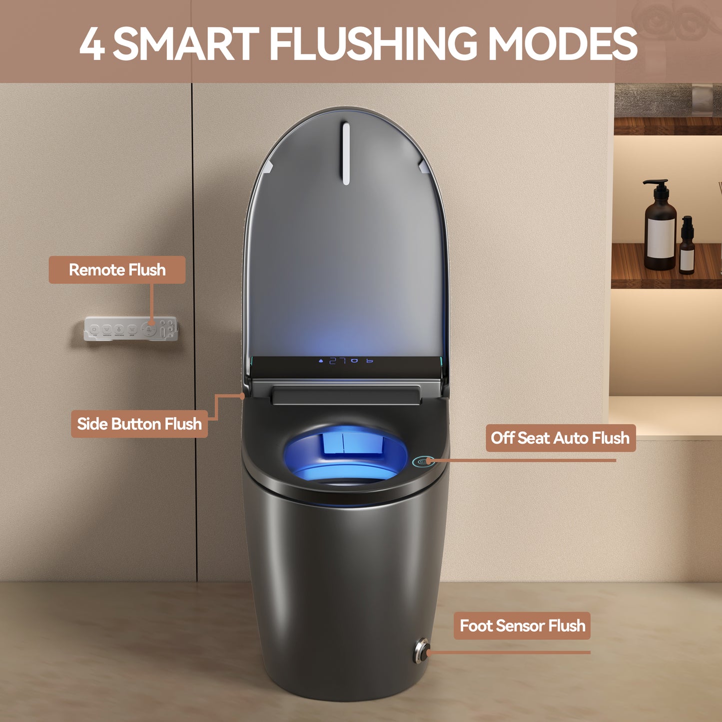 Unique Smart Toile, One Piece Toilet with Bidet Built In,Intelligent Toilet Auto Open/Close Seat. Bidet toilet with Dryer and Warm Water.Gray image 7